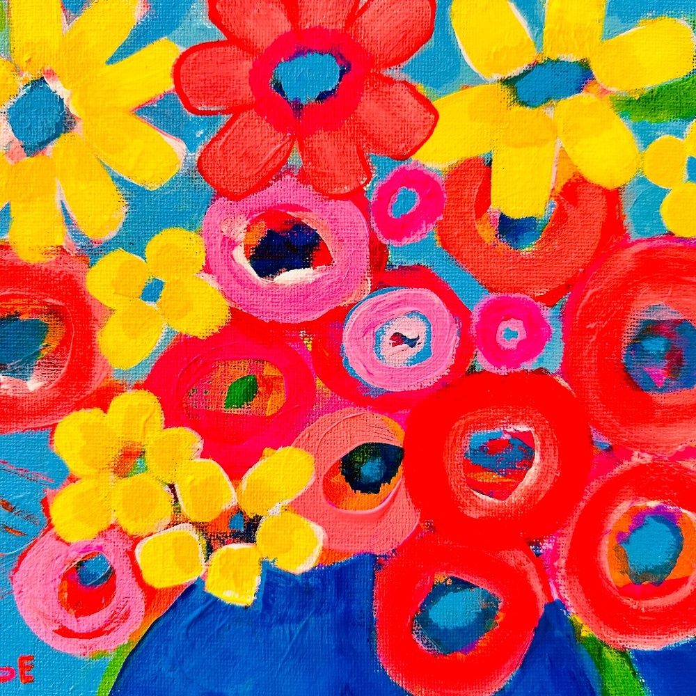 Original Painting Flowers Blue Vase 8"x10" Canvas Collectible One-of-a-Kind